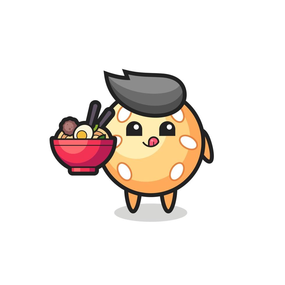 lindo personaje de bola de sésamo comiendo fideos vector