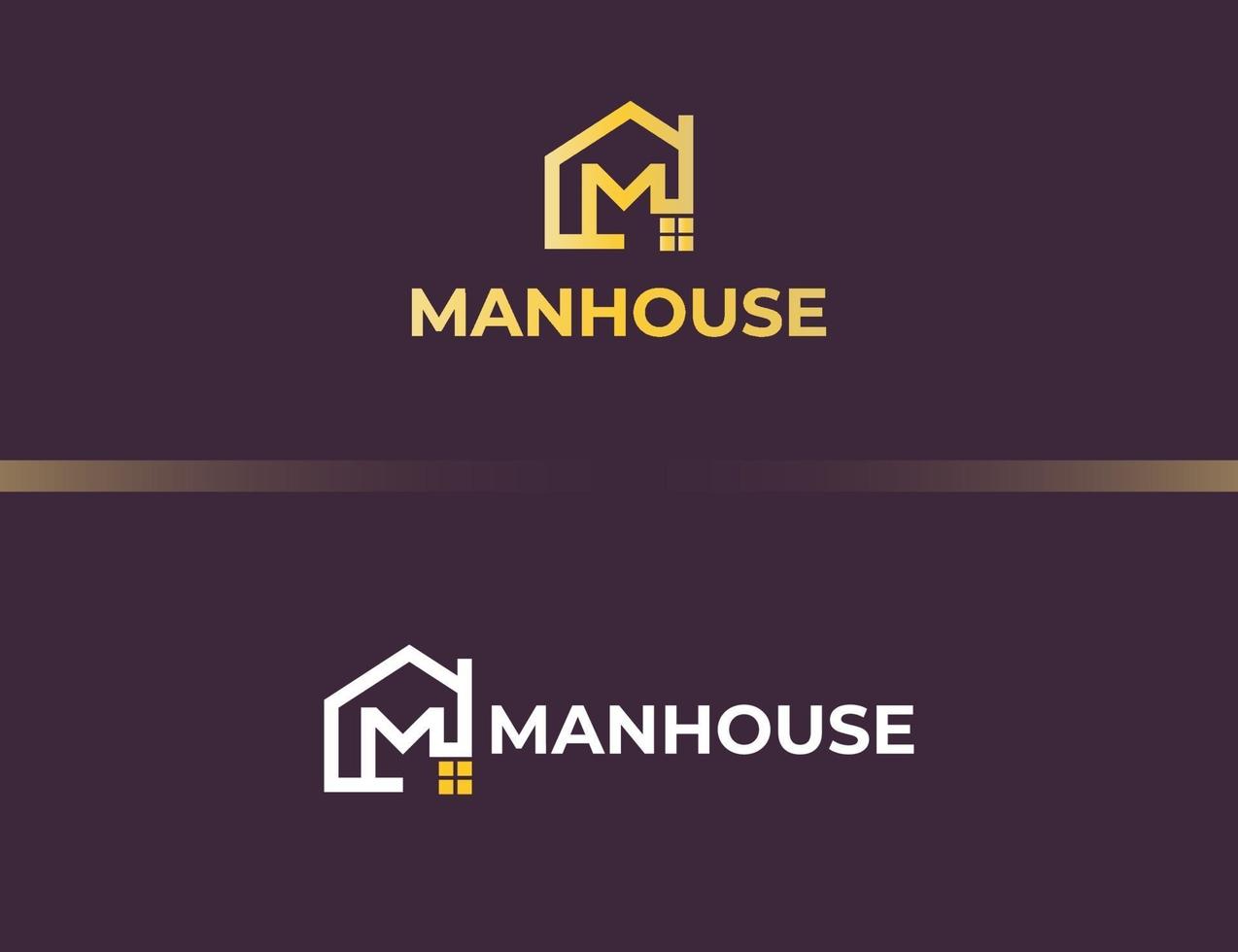 Golden letter M logo with house or building concept vector