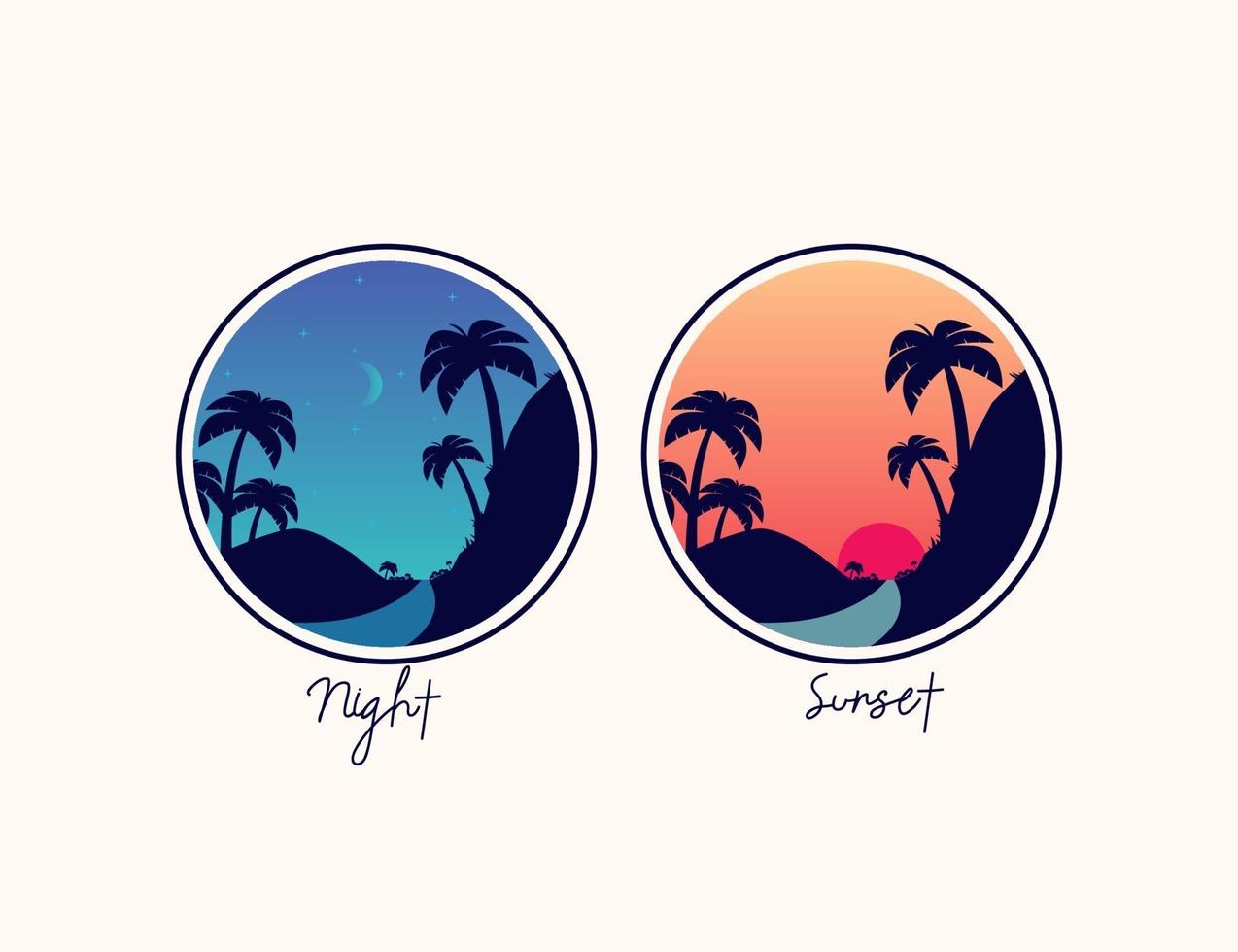 Sunset and night mountain hill with palm tree illustration logo vector