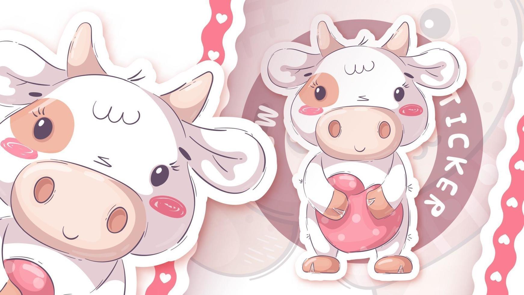 Pretty cartoon character animal cow with heart - sticker vector