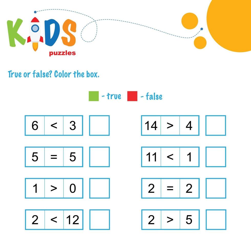 True or false. Comparing numbers printable math worksheet vector