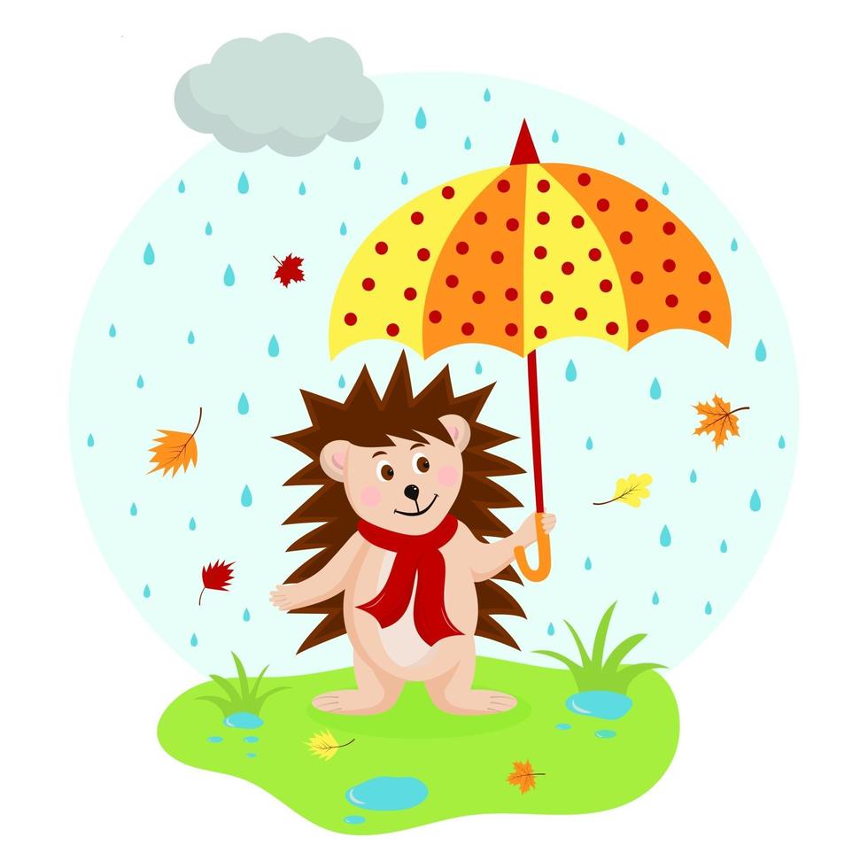 Hedgehog with an umbrella in polka dots on a meadow in the rain. vector