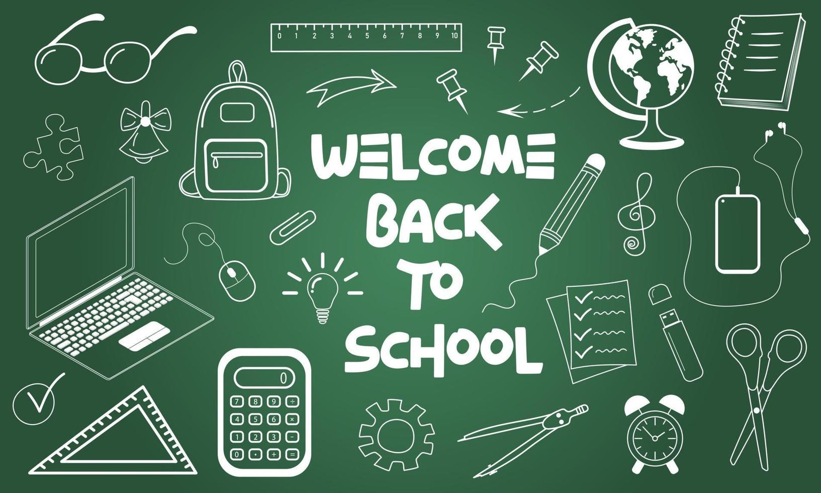 Welcome back to school, chalk-writing text and education icons vector