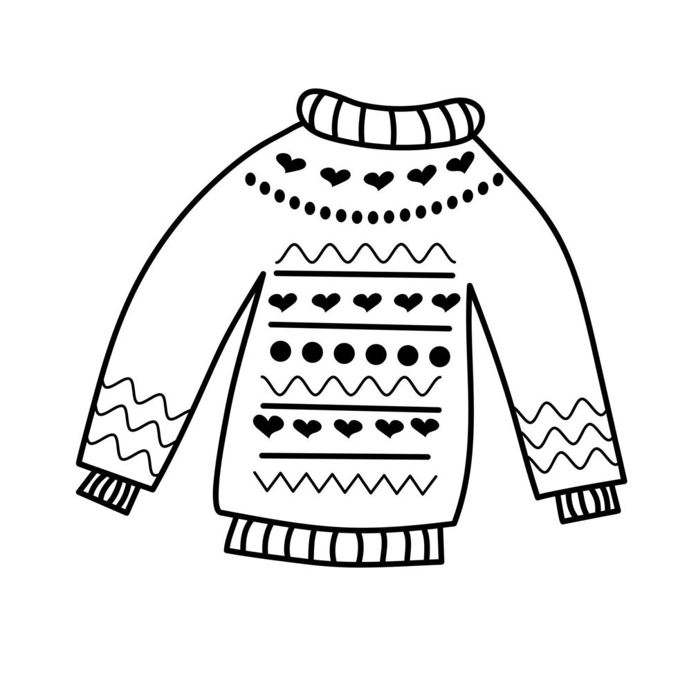 Cozy knitted sweater with pattern in doodle style. vector