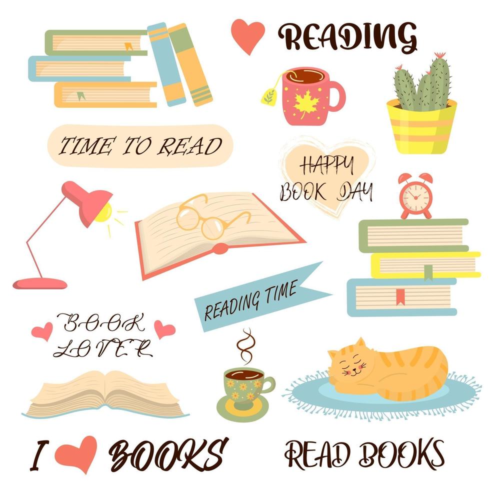 libros, lectura y conjunto de cosas acogedoras. encanta la lectura, día mundial del libro. vector