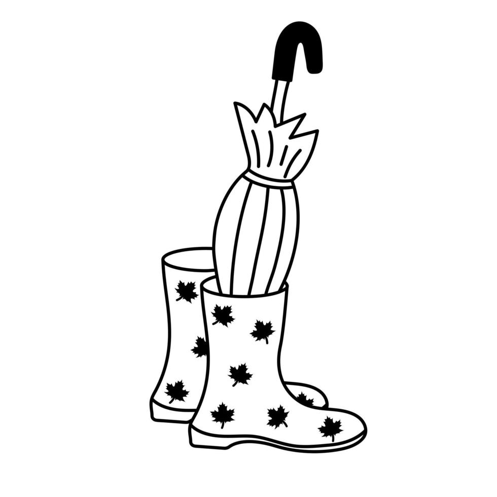 Rubber boots with folded umbrella. vector