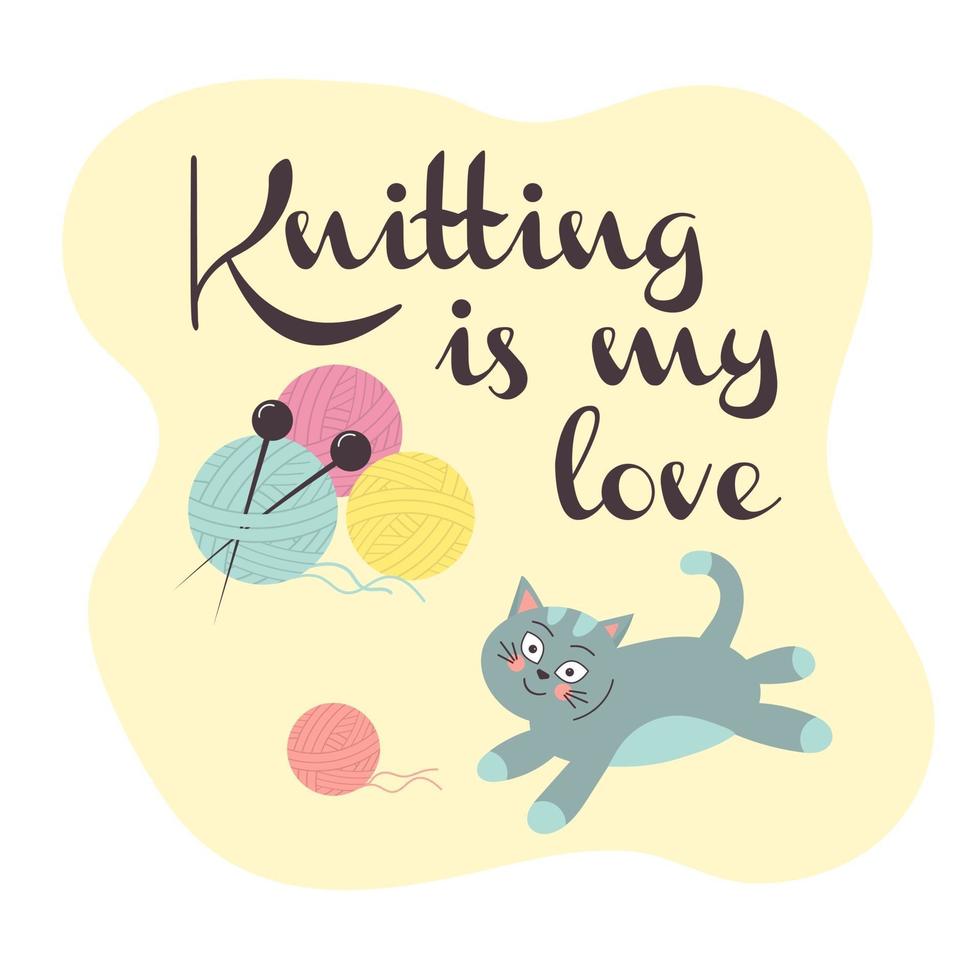 Cute cat with a knitting ball. Balls of yarn with knitting needles. vector