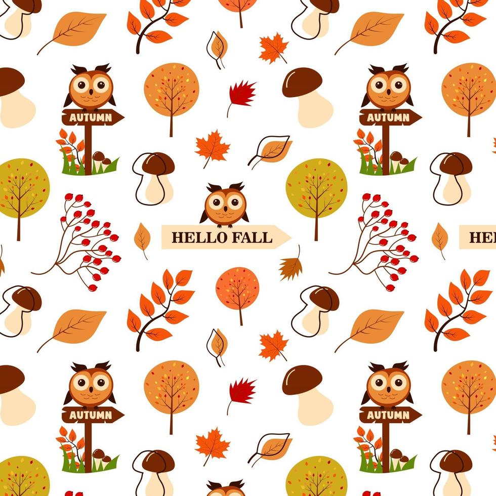 Seamless pattern of autumn leaves, mushrooms, owl, rowan and tree. vector