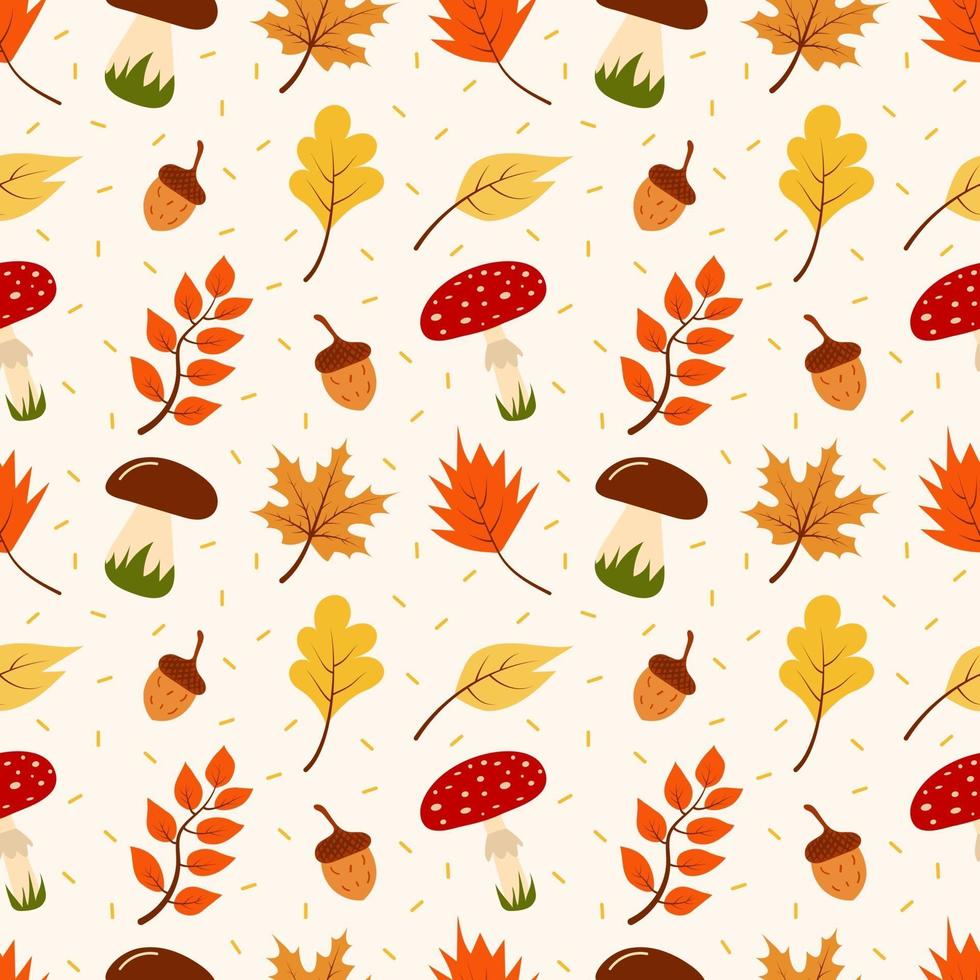 Seamless pattern of autumn leaves, mushrooms and acorns. vector