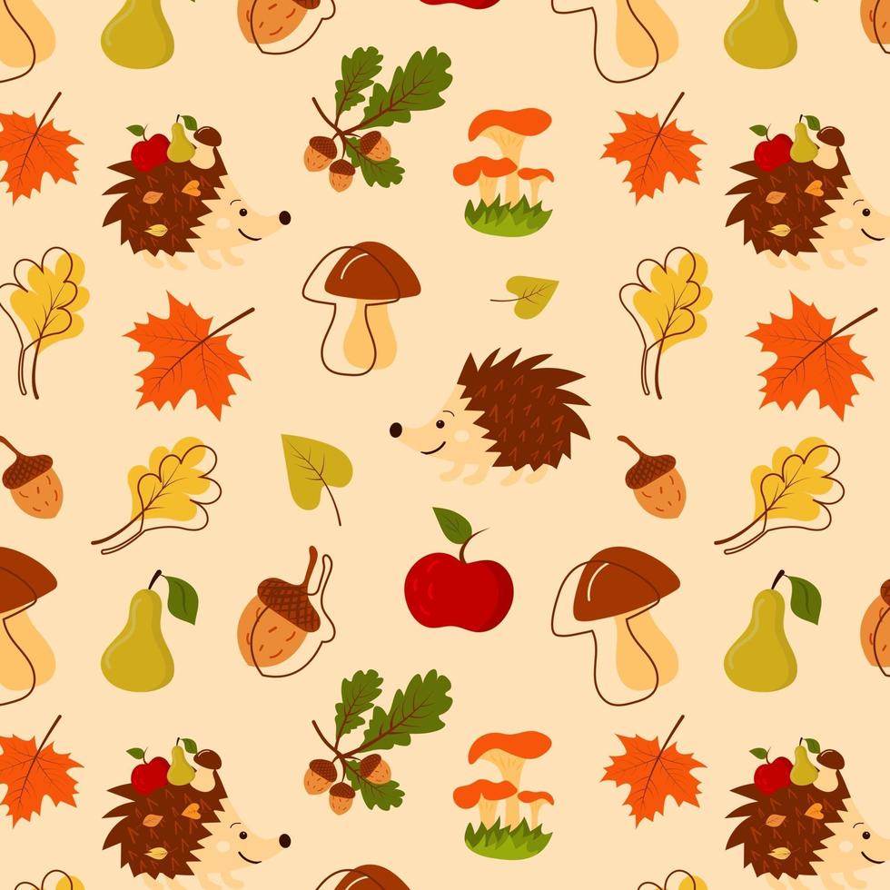 Seamless pattern with hedgehog, acorns, pear, mushrooms, leaves vector