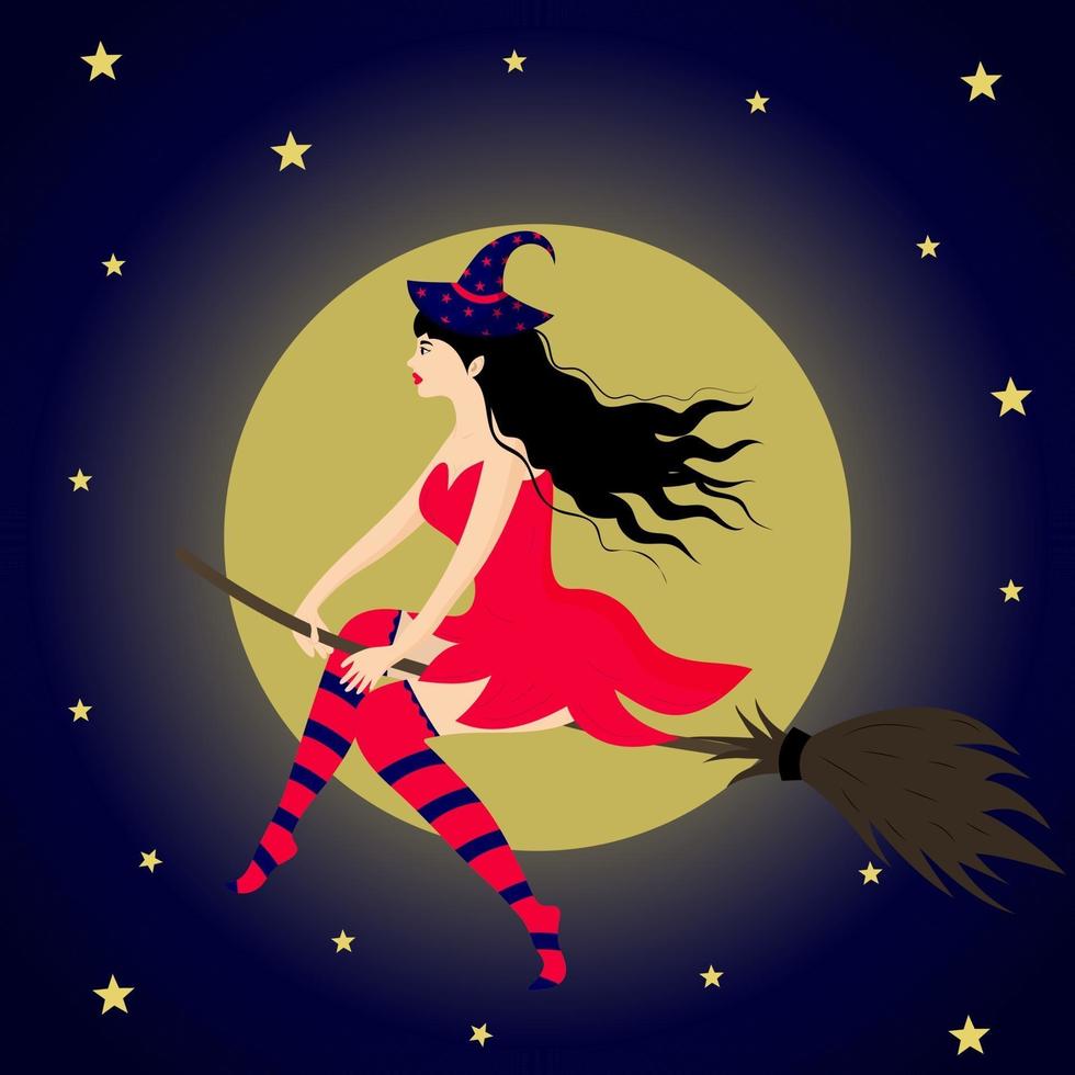 Beautiful witch flying on a broom against the background of the moon. vector