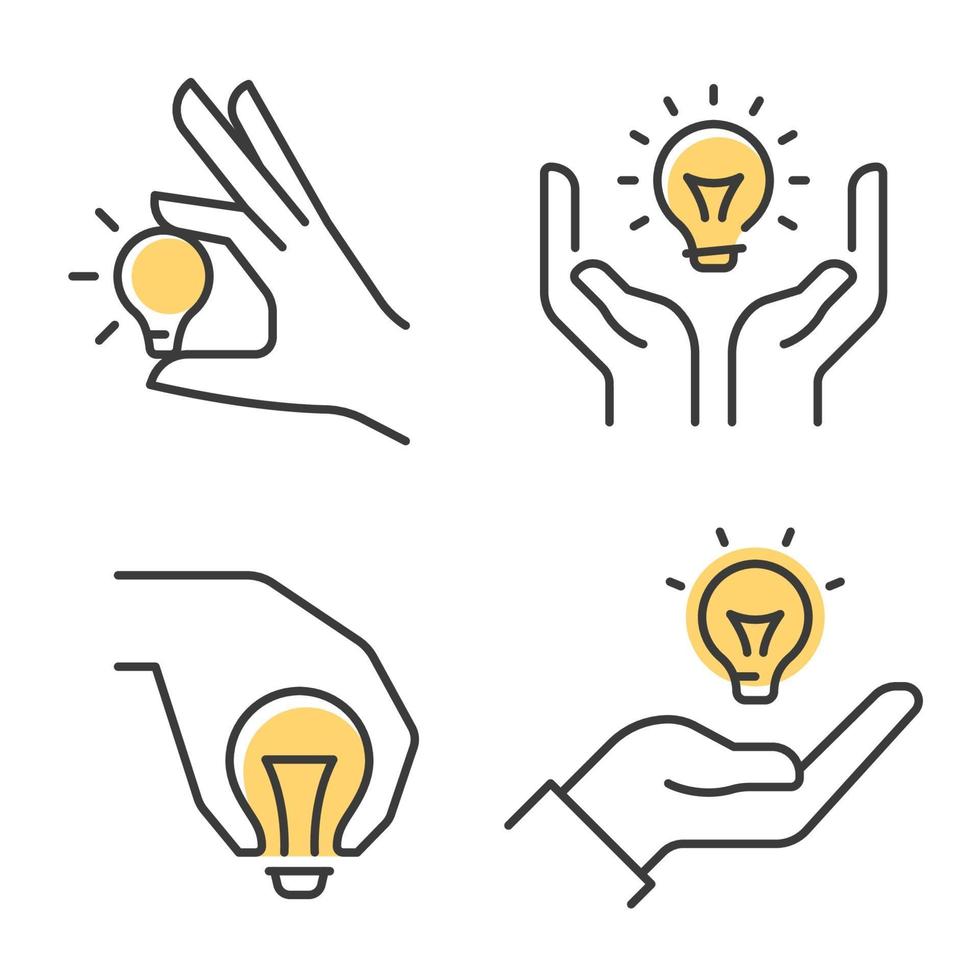 Light bulb with human hand icons set. vector