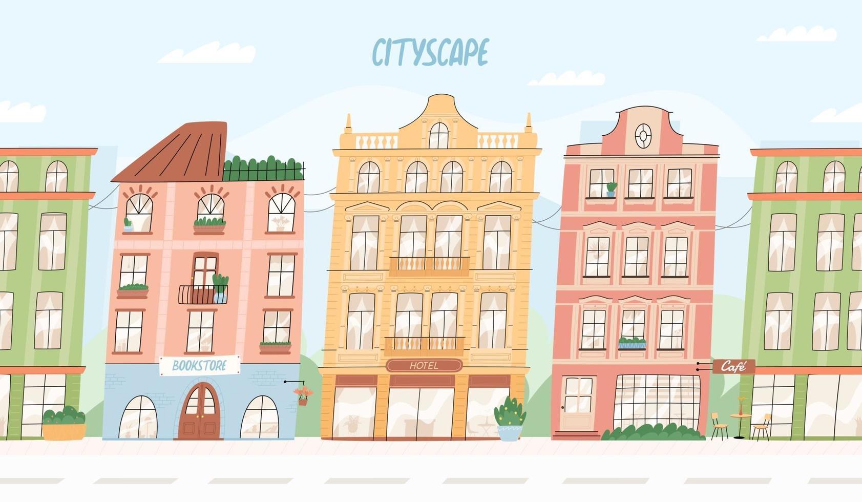 Seamless vector cityscape. European city buildings, hotel, bookstore
