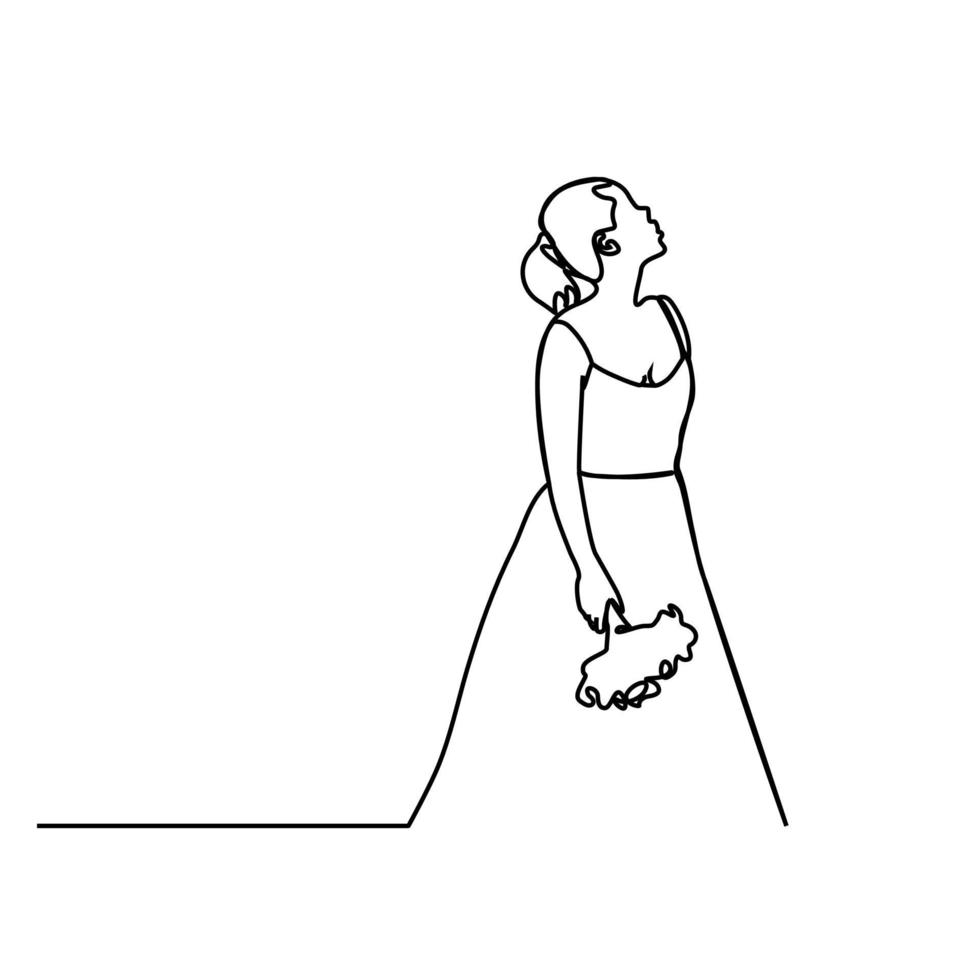 continuous line woman in wedding dress vector