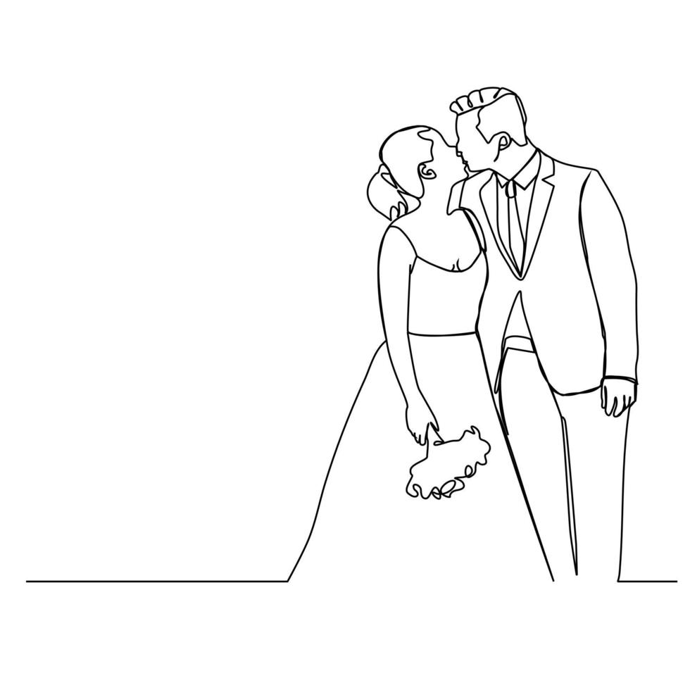 dibujo de línea continua boda novios vector