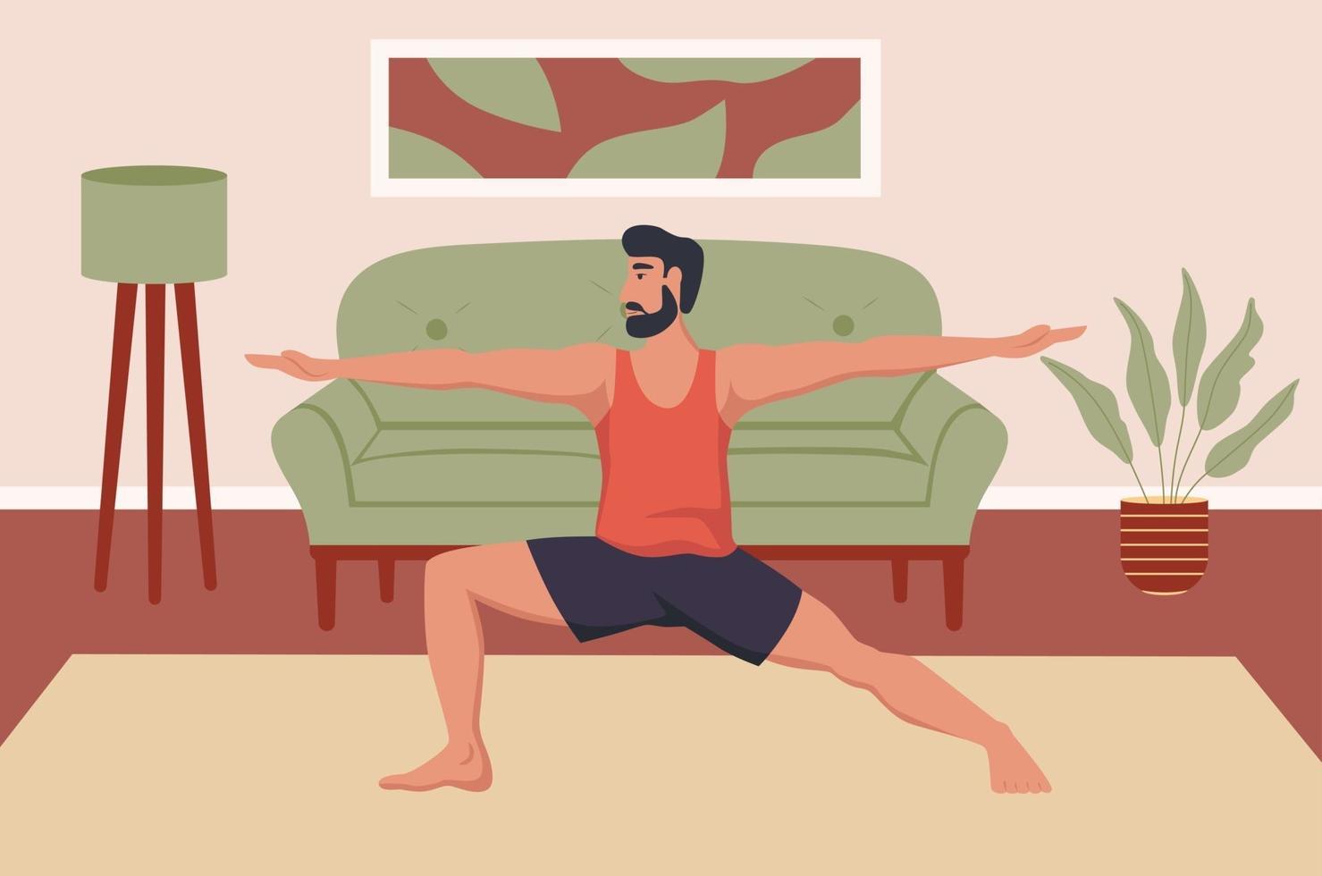 A young man does yoga at home. Sports at home vector