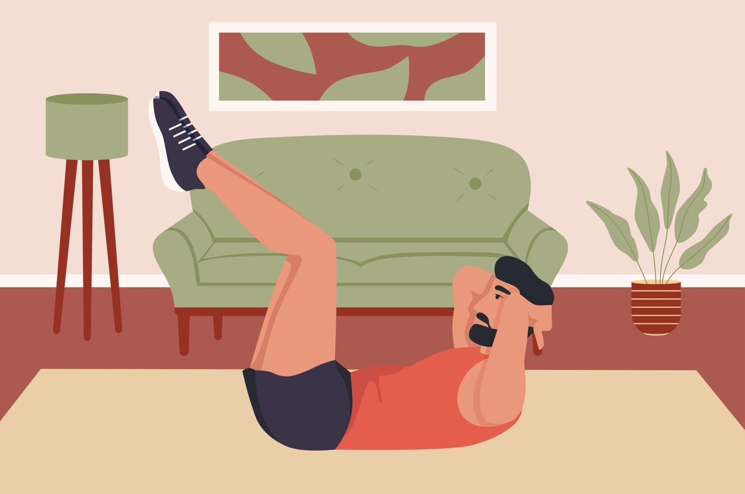 A young man shakes his abs. Sports at home vector