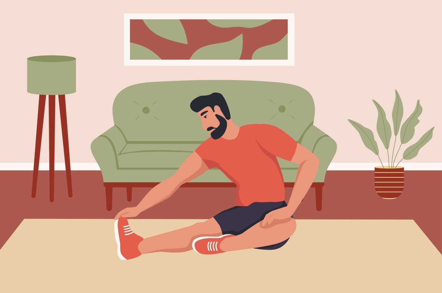 A young man does stretching exercises. Sports at home vector