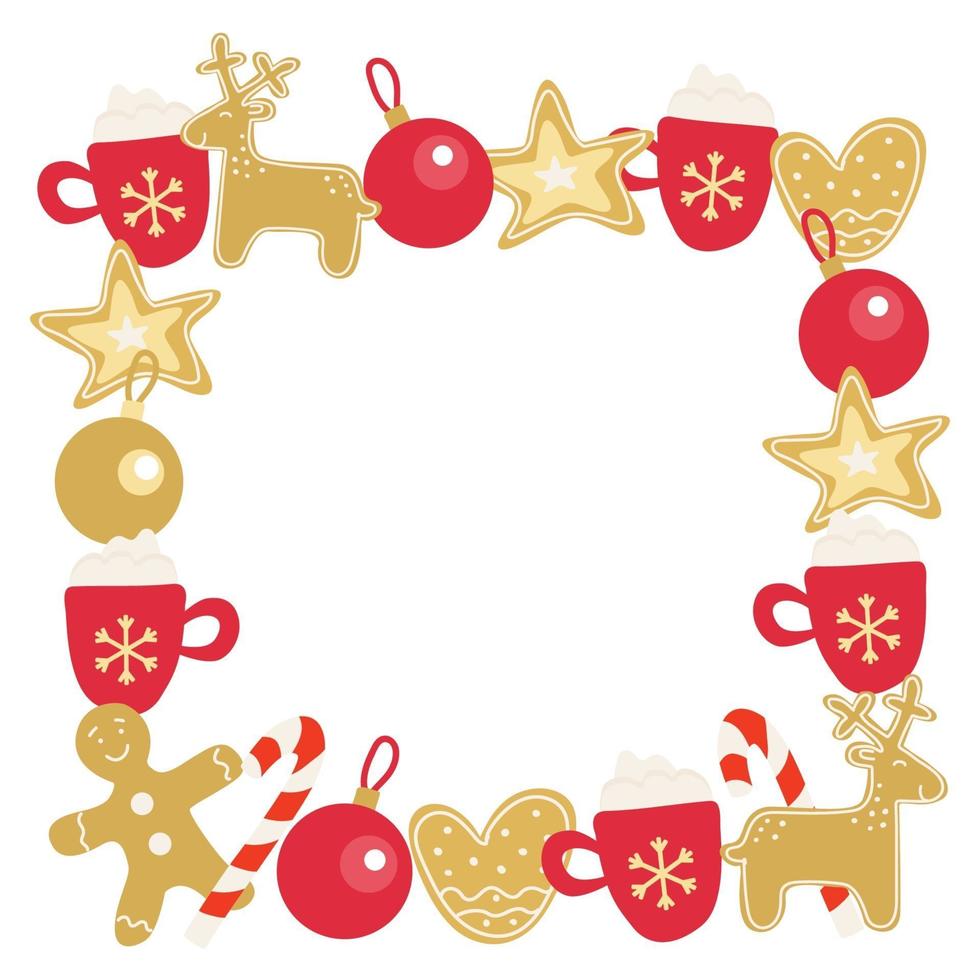 Square frame with Christmas baubles, gingerbread and hot drinks vector