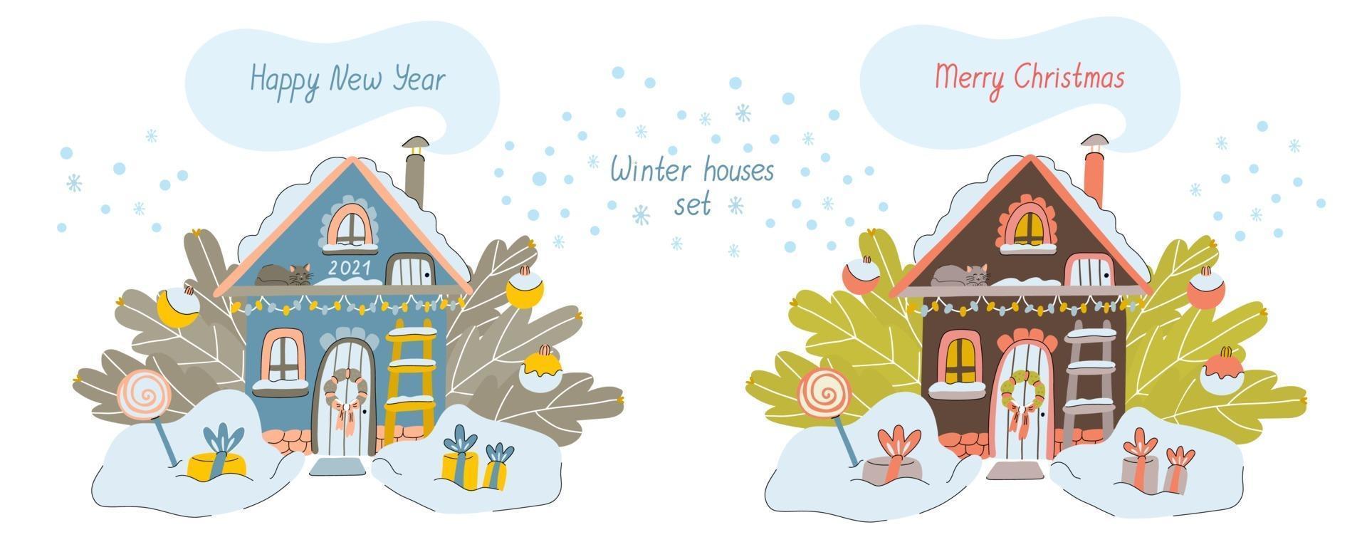 Winter houses with letterings Merry Christmas and Happy New Year vector