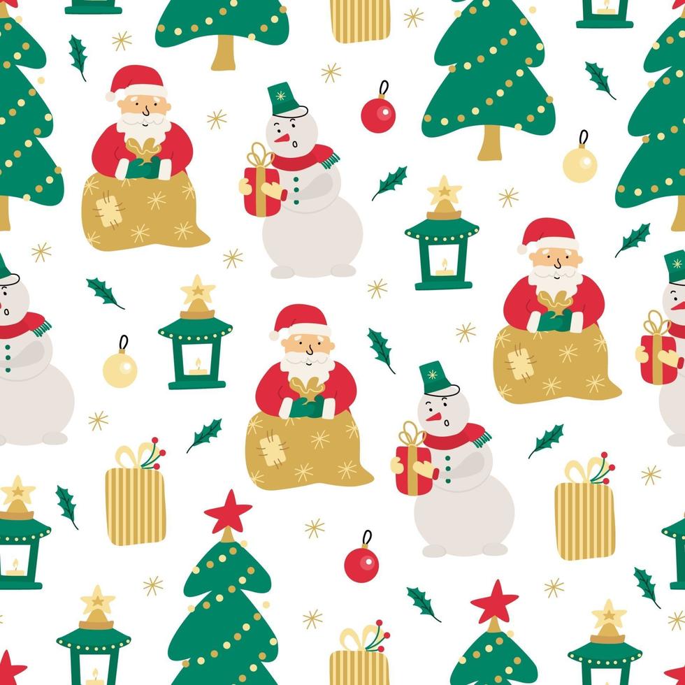 Xmas seamless pattern with Santa, snowmen and Christmas trees vector