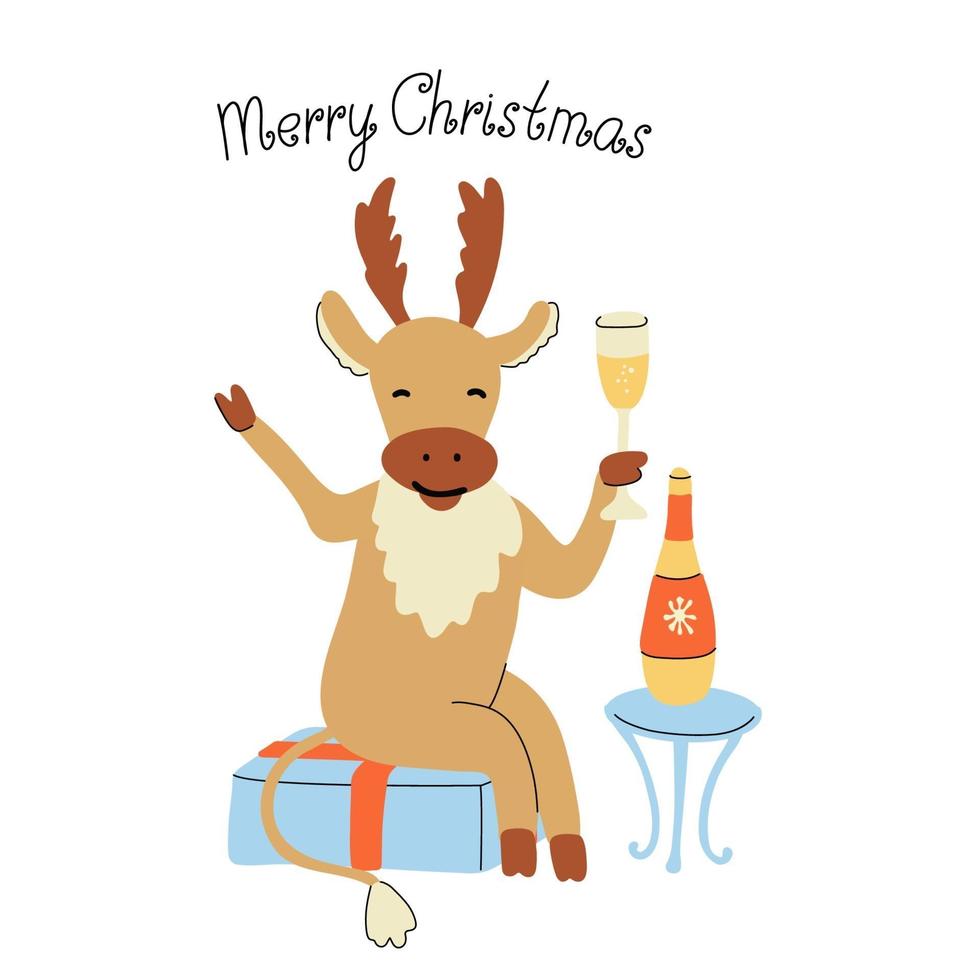 Greeting card or poster with a cute cheerful deer drinking champagne vector