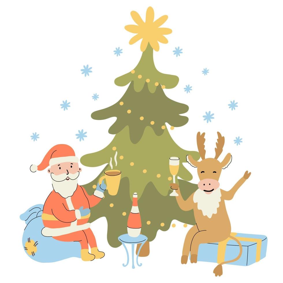 tarjeta con árbol de navidad, santa y un ciervo bebiendo champán vector