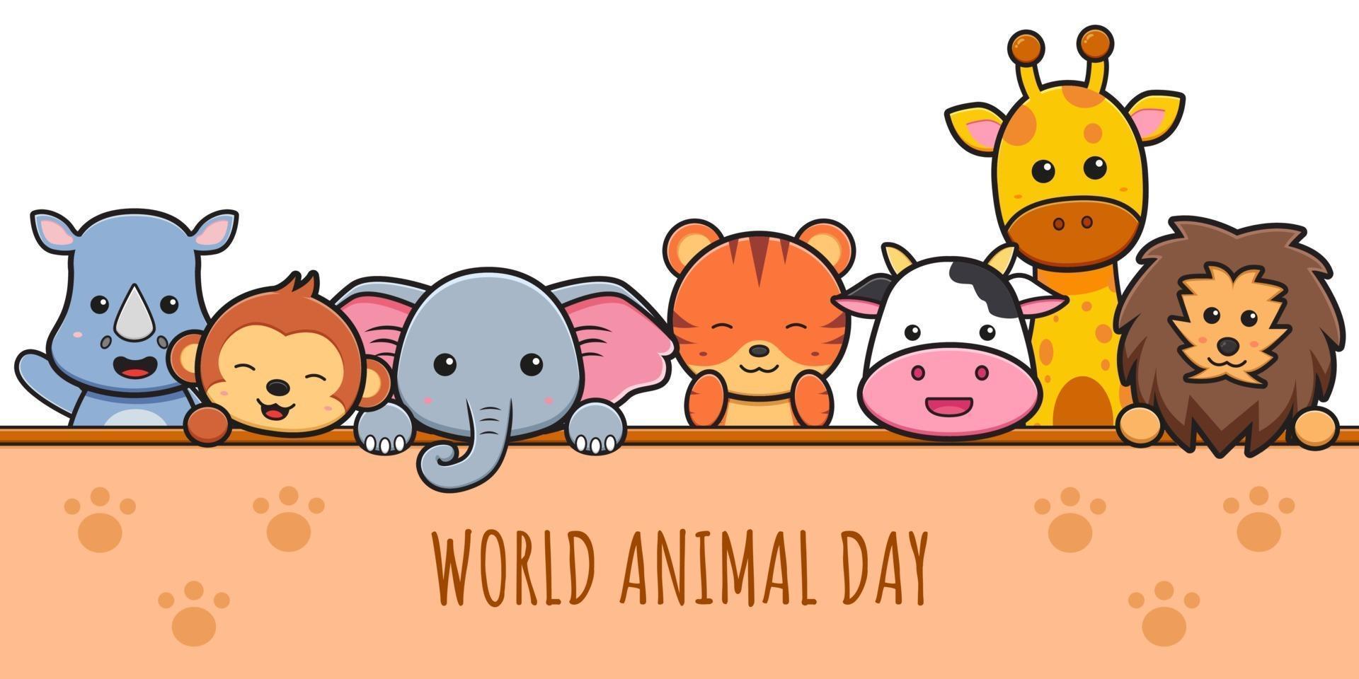 Cute animals celebration world animal day cartoon icon illustration vector