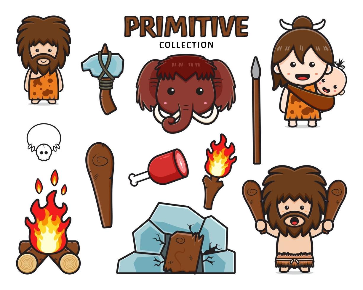 conjunto de colección de ilustración de icono de dibujos animados de cavernícola primitivo lindo vector