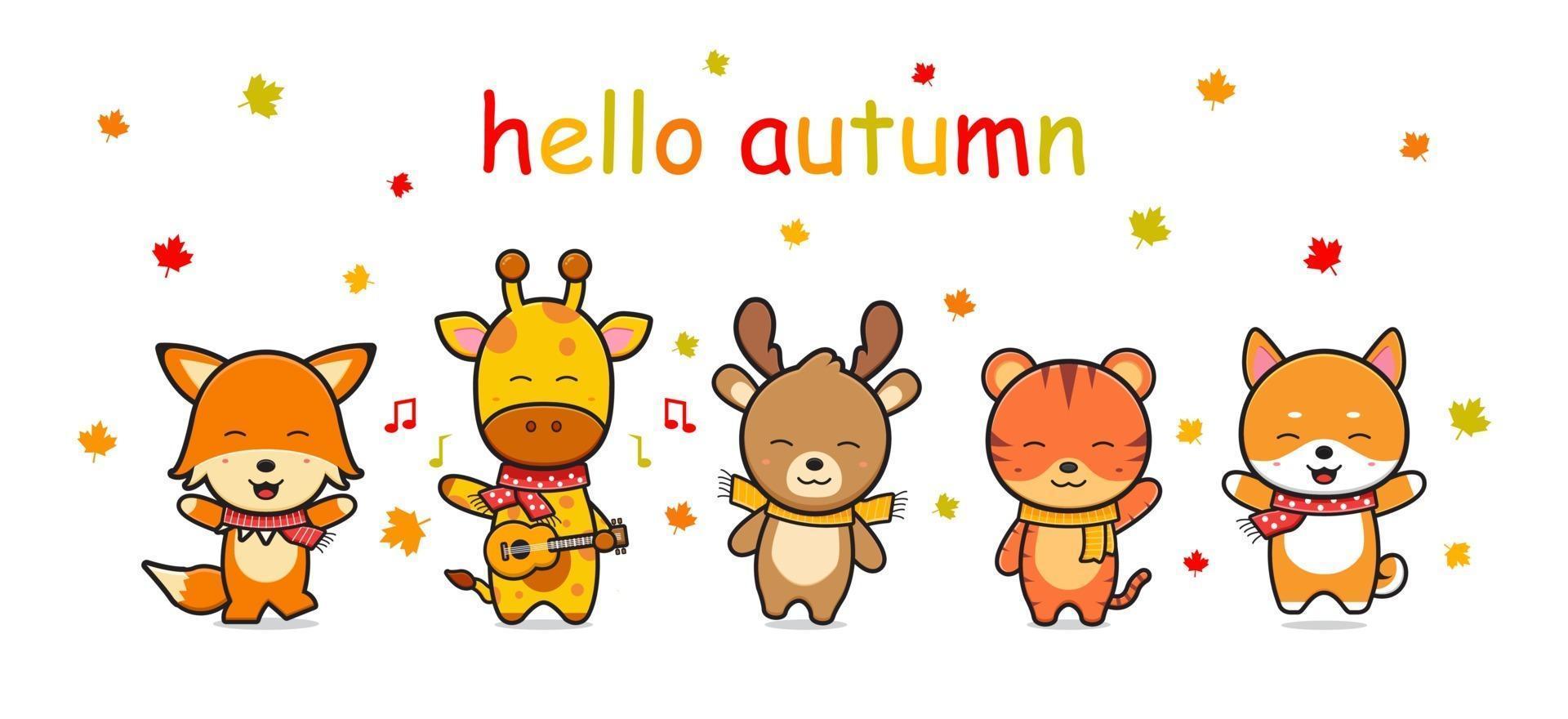 happy cute animal in autumn banner icon cartoon illustration vector