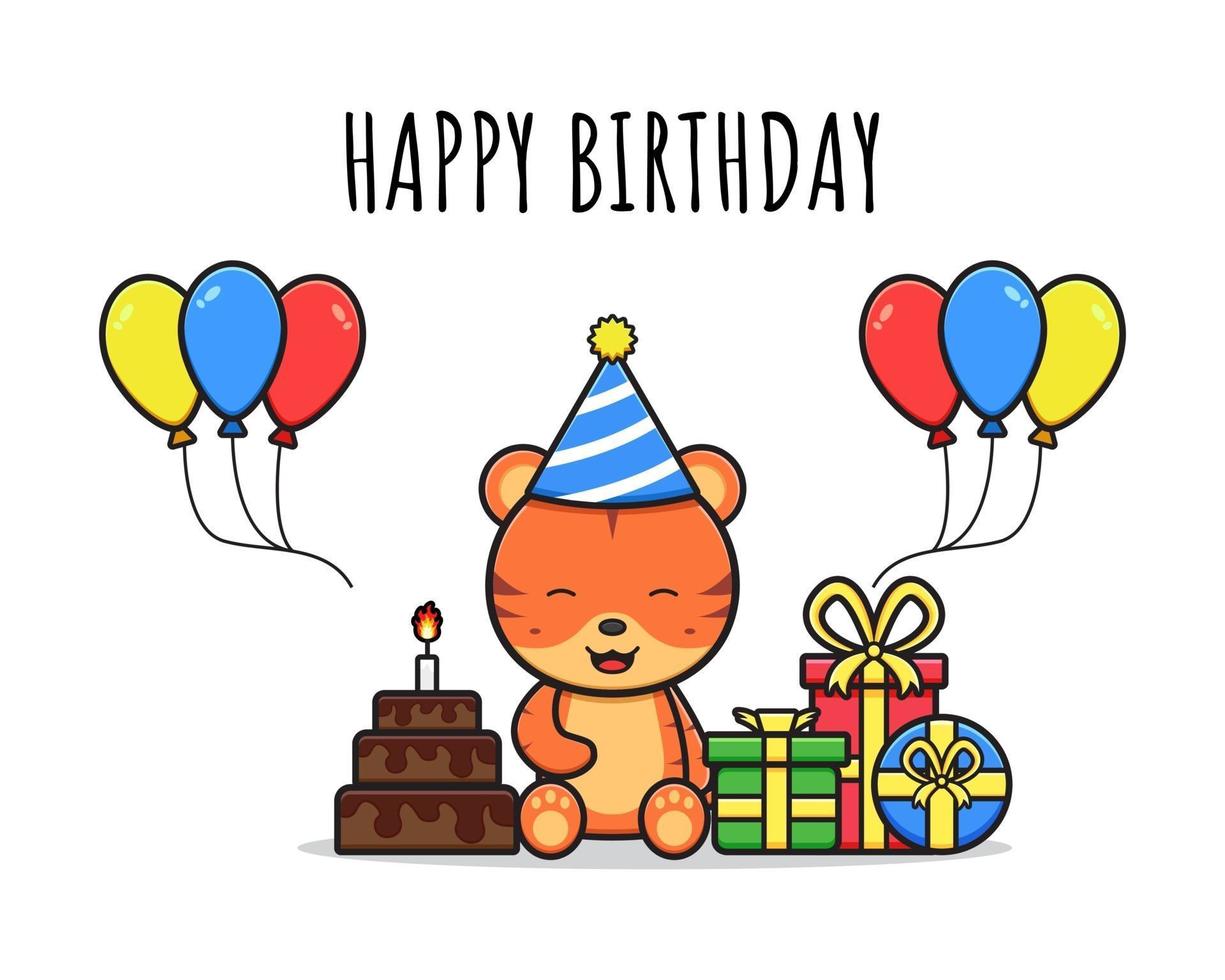 Happy cute tiger birthday greeting card icon cartoon illustration vector