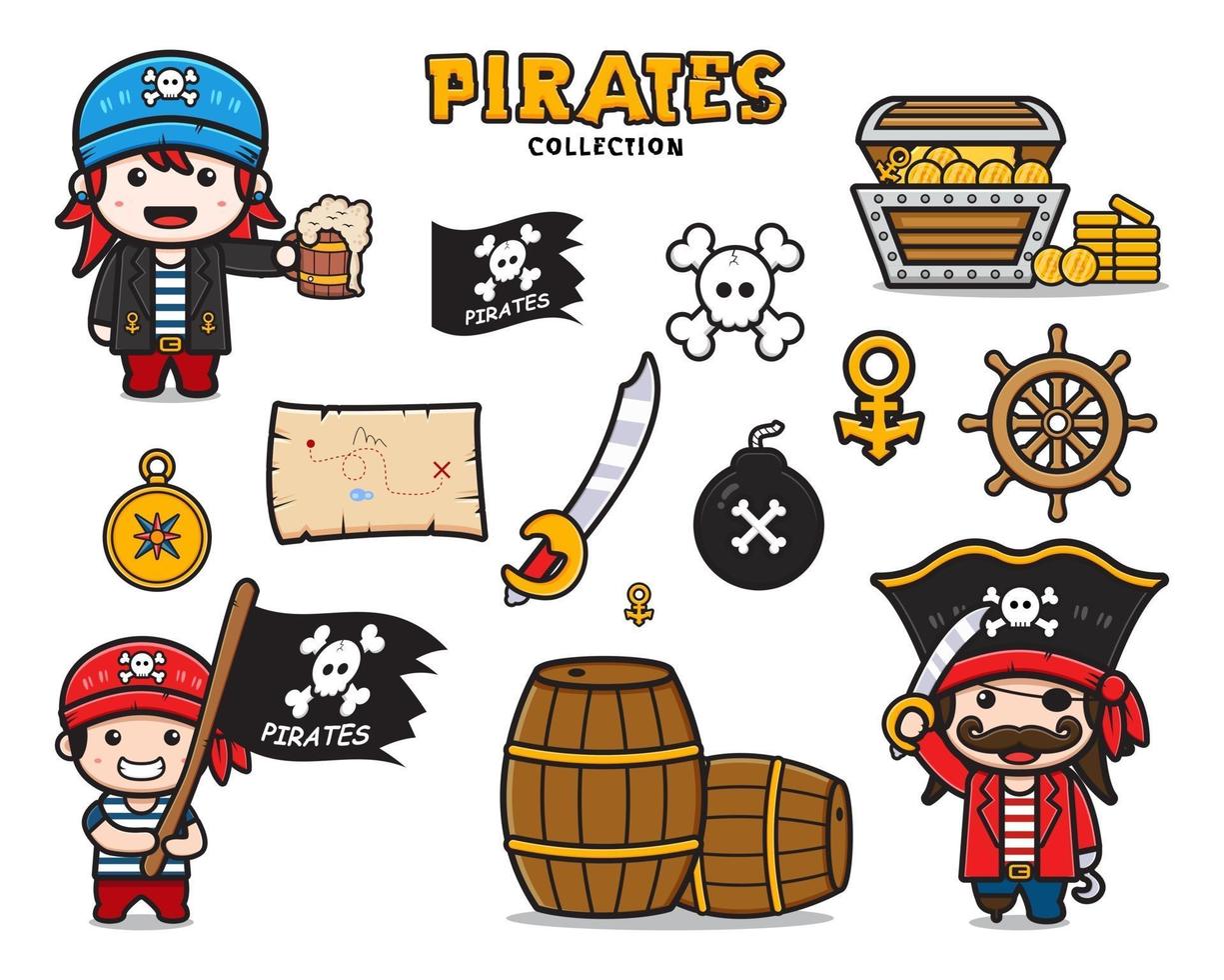 conjunto de colección de piratas lindos y equipo de ilustración de dibujos animados vector