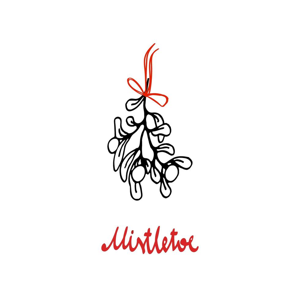 Cute mistletoe christmas floral for kiss black ink hand drawn vector