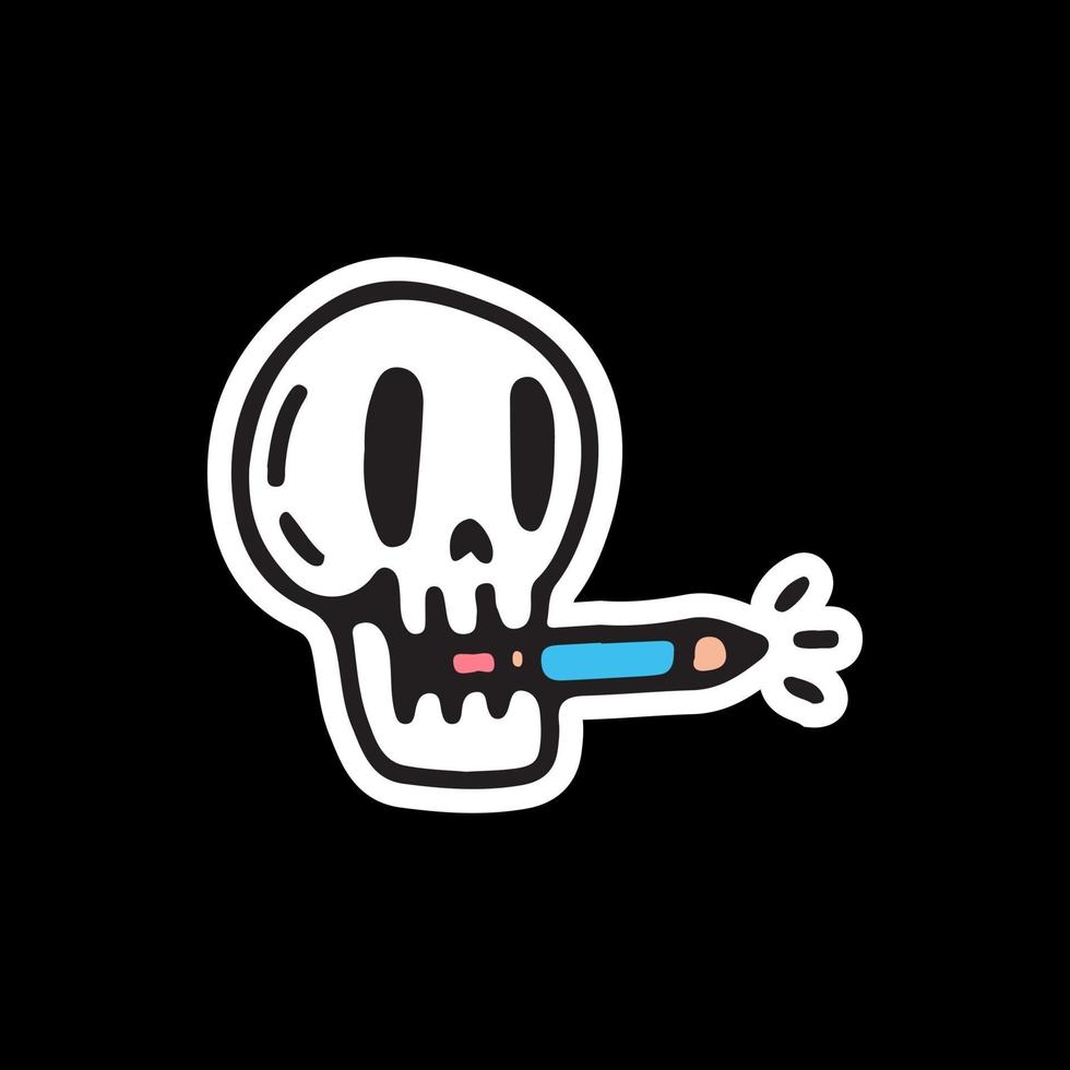 Skull biting a pencil illustration. Vector graphics for sticker.