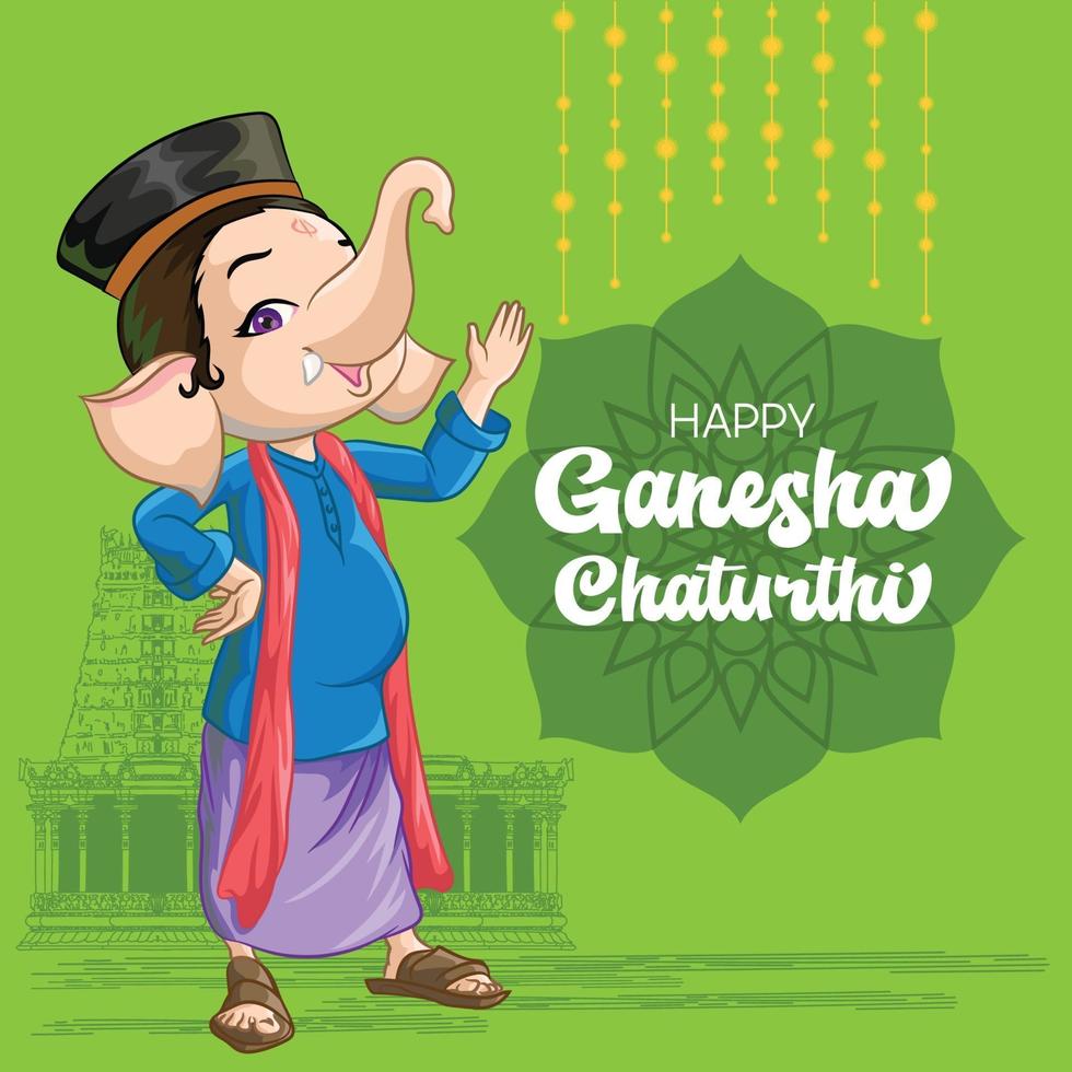 Ganesh Chaturthi Greetings with Indian temple vector