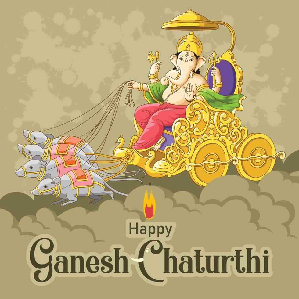 Ganesh Chaturthi wishes with Ganesh riding mouse chariot over clouds vector