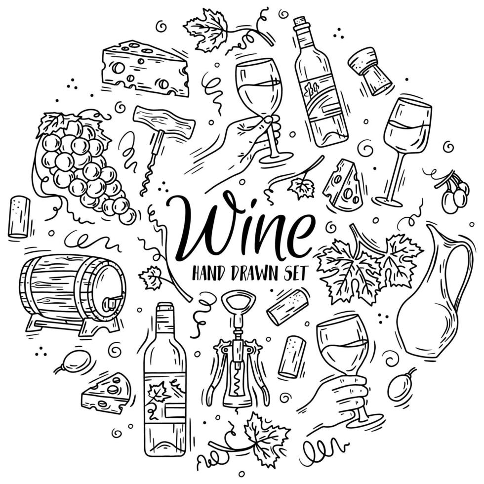 Vector set with wine and cheese in Doodle sketch style.