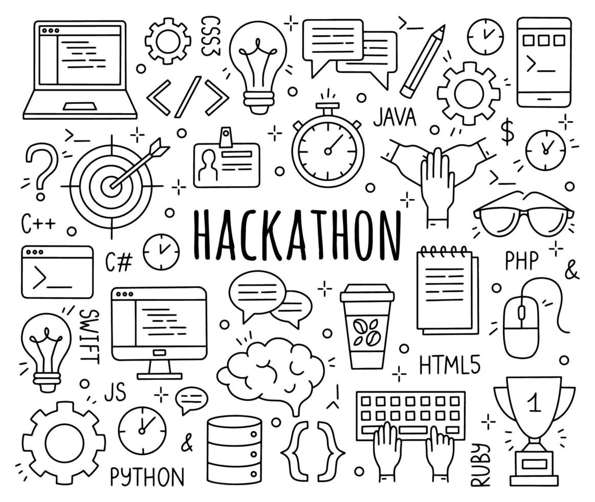 Hackathon and datathon set of doodle style icons. vector