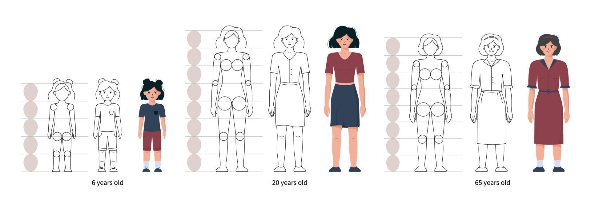 How to draw a woman at different ages tutorial vector