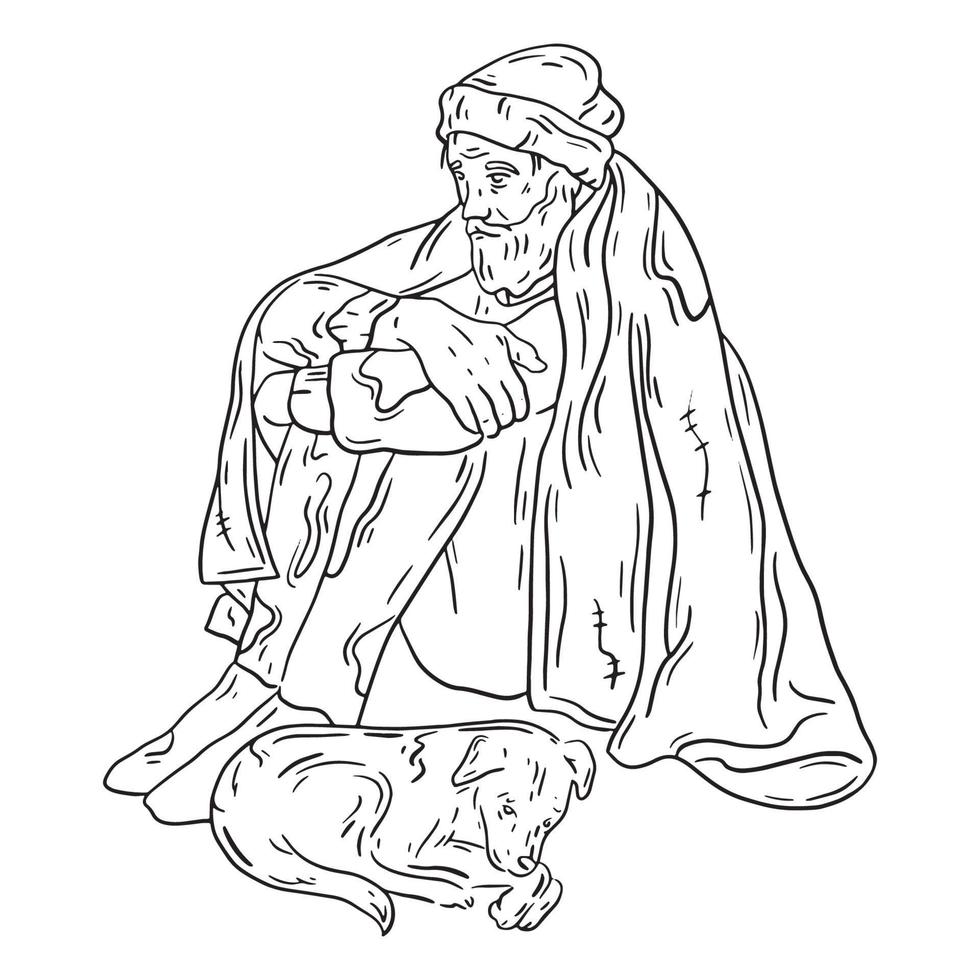 A homeless man sitting with the dog under the blanket vector