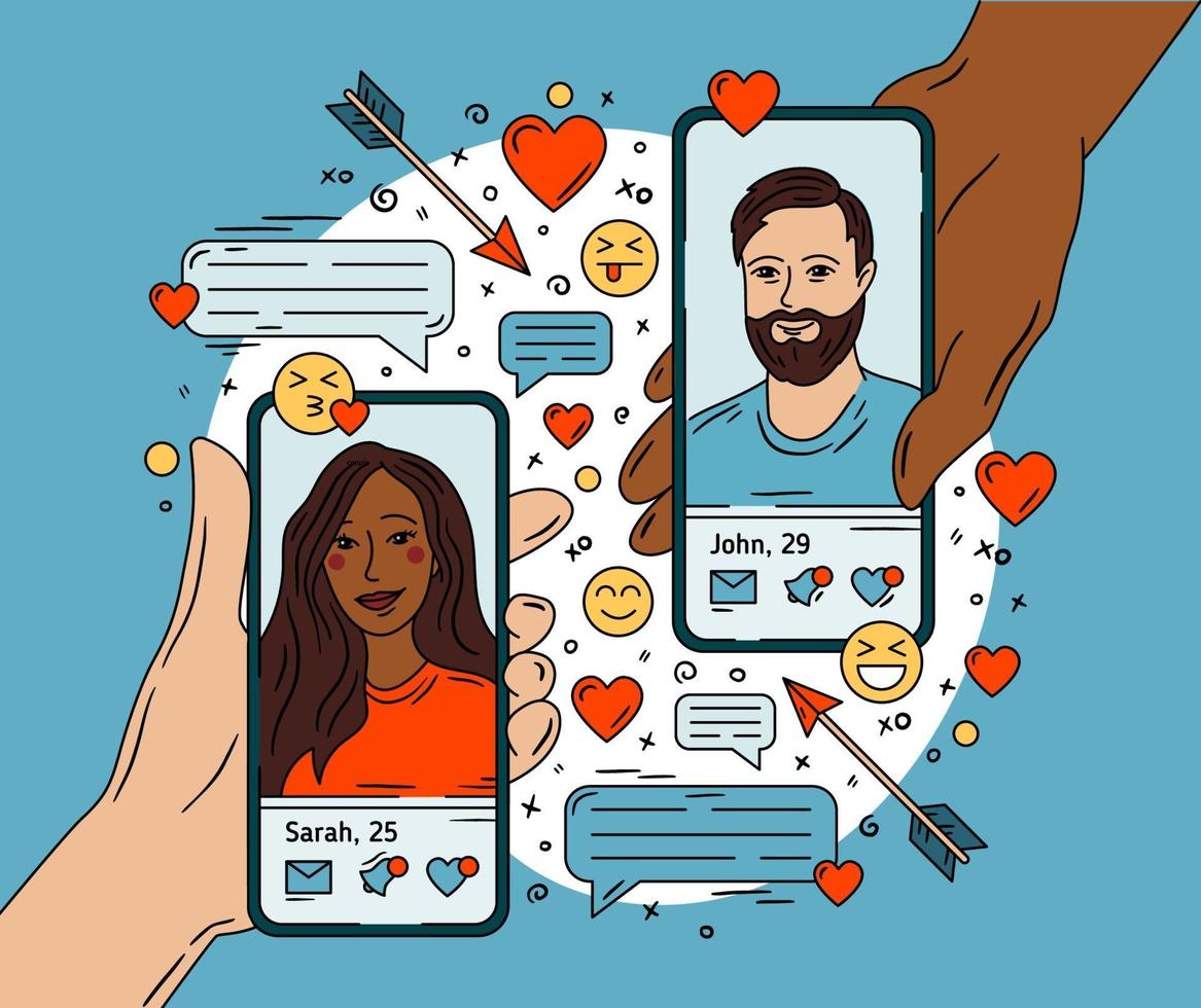 Online dating, woman and man on the smartphone vector