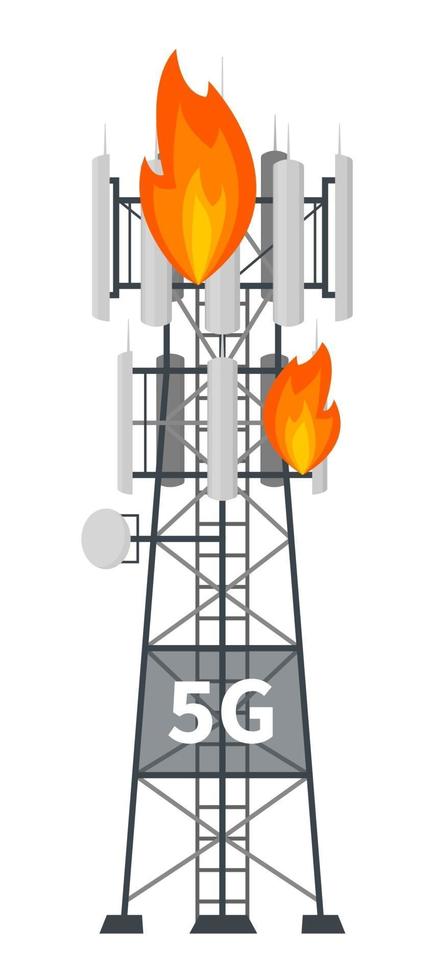 5G mast base station tower on fire vector