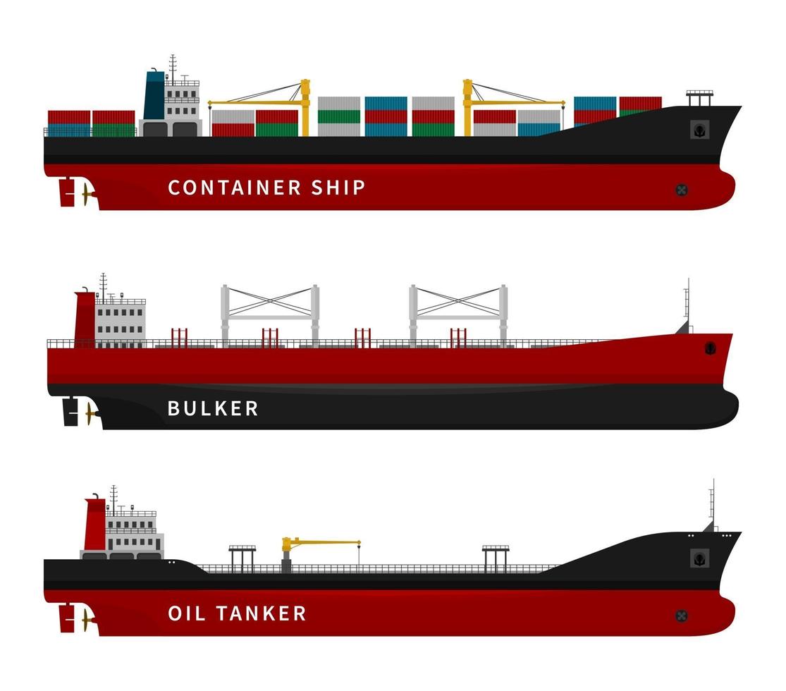 petrolero, buque portacontenedores, granelero aislado conjunto. vector