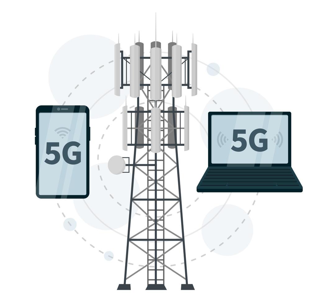 5G mast base stations with smartphone and laptop vector