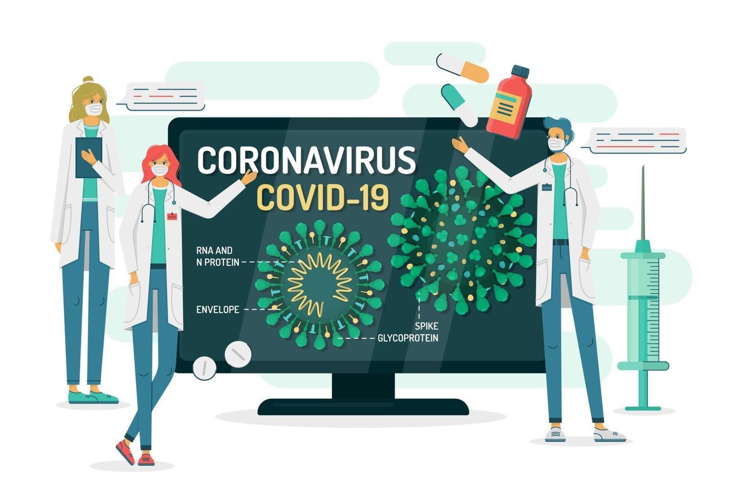 Doctors tell about coronavirus structure on TV vector