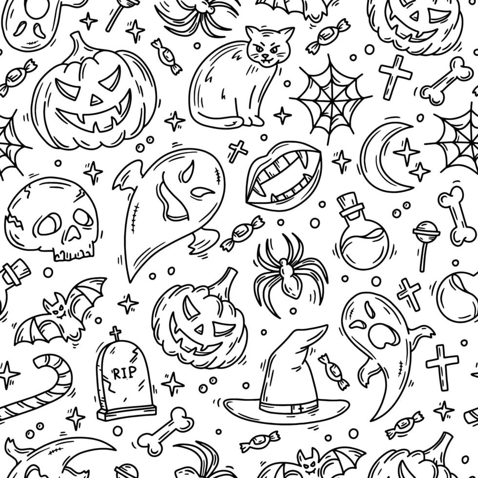 Halloween seamless pattern with magic icons in doodle style vector