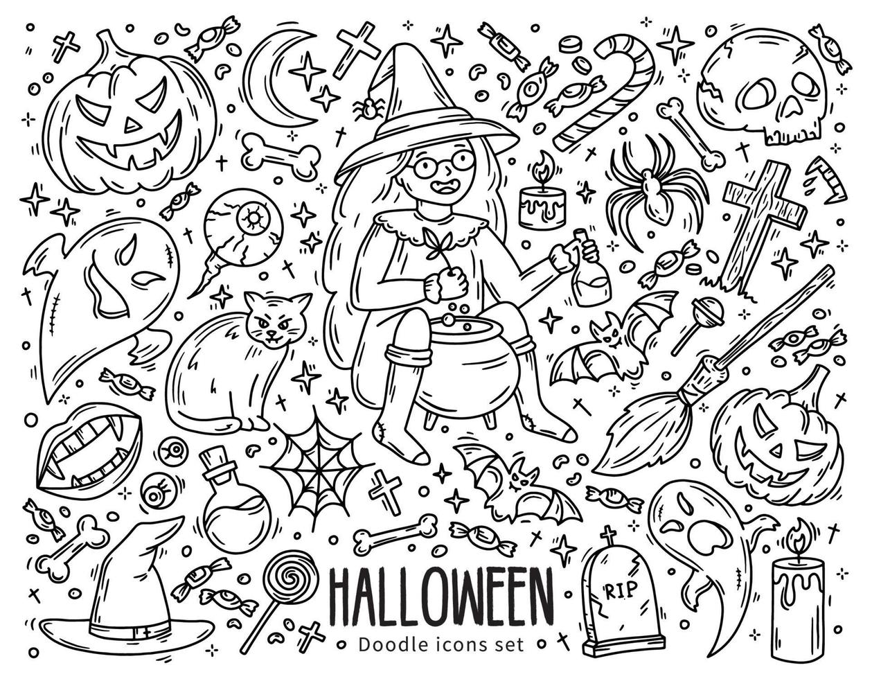 Halloween set of vector icons in doodle style, horror magic symbols