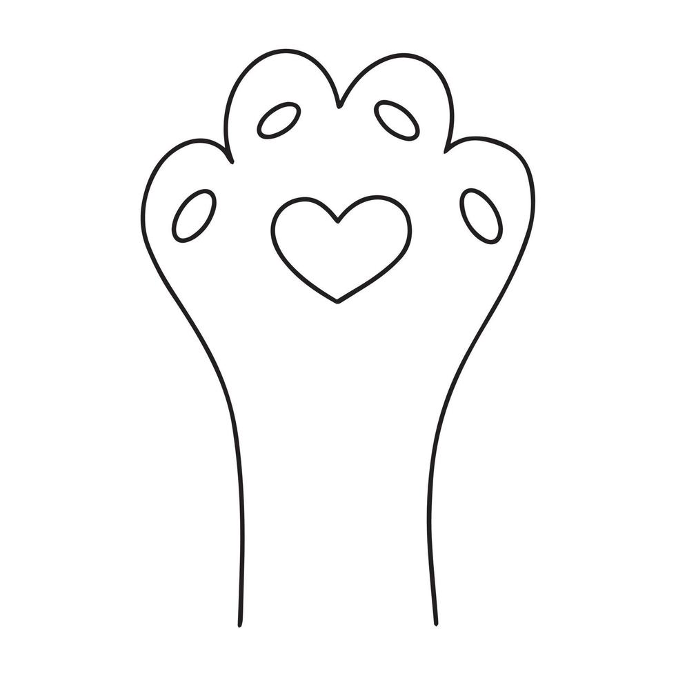 Cute pet paw icon with heart in black ink outline. Cat or dog leg hand vector