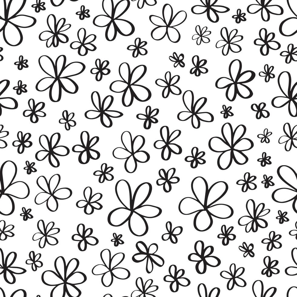 Simple ditsy black ink outline flower doodles seamless pattern vector