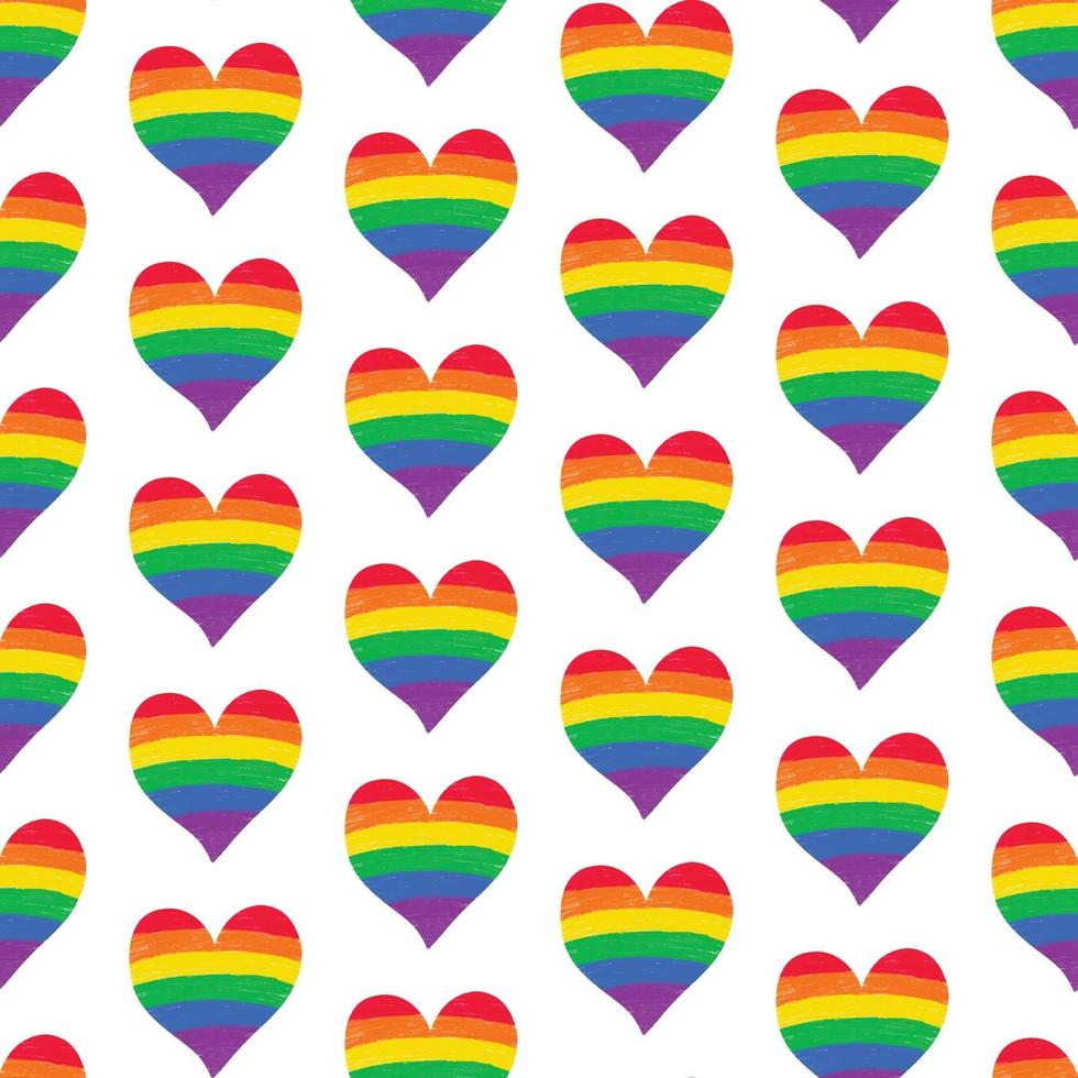Seamless pattern, rainbow LGBTQ pride heart, crayon pencil texture vector